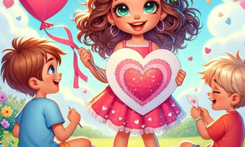 A 12-year-old girl, Lily, with curly brown hair and a big joyful smile, holds a huge glittery paper heart in her hands. She wears a bright pink dress adorned with small hearts and white sneakers. Her eyes sparkle with excitement as she prepares to share her Valentine's Day cards with her friends. Next to her, Benny, a 12-year-old boy with messy blonde hair, laughs while holding a heart-shaped kite. He is wearing a blue t-shirt and shorts, standing on the lawn, ready to fly his kite in the sunny sky. Mia, an 11-year-old girl with brown hair and a flower crown, sits on the grass surrounded by the Valentine's cards she created. She smiles at Lily, eager to join the celebration. The scene takes place in a vibrant and colorful park filled with blooming flowers, children's laughter, and floating balloons. The sky is bright blue, and paper hearts decorate the trees, creating a festive and joyful atmosphere. Lily, surrounded by her friends, is distributing Valentine's cards and chocolates, sharing smiles and joy, while a gentle breeze makes the leaves dance.