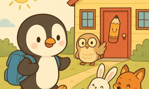 Pipo, um pequeno pinguim de pelúcia preto e branco com ar alegre e sorriso tímido, caminha para a escola balançando as asas e carregando uma mochila azul larga que se inclina; uma professora coruja redonda de plumagem bege e óculos redondos sorri benevolente na porta acenando com a pata; dois amigos — um coelho branco de grandes orelhas rosadas e uma pequena raposa ruiva com manchas — riem e brincam com lápis de cor num tapete em frente à sala; a escola é uma casinha de madeira amarelo-pálido com porta vermelha decorada com um lápis sorridente, janelas quadradas e uma campainha brilhante ao lado; cenário: Pipo chega à entrada da sala ao sol da manhã, mochila em movimento, ambiente caloroso e colorido, sensação de curiosidade e confiança.