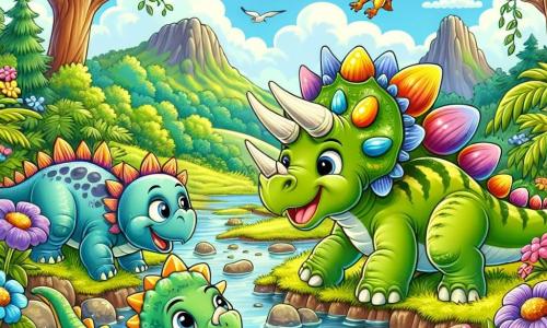 Un estegosaurio llamado Estela, con espinas suaves y coloridas en su espalda, se encuentra alegremente al borde de un arroyo, salpicando agua con sus patas mientras ríe. A su lado, un triceratops llamado Tito, con tres cuernos majestuosos y piel verde, mira a Estela con una gran sonrisa, listo para saltar al agua. Un pequeño pterodáctilo llamado Pía, con alas brillantes y plumaje amarillo, vuela en círculos sobre ellos, emitiendo gritos alegres. El escenario es un hermoso valle verde, lleno de grandes flores coloridas, árboles gruesos y un cielo azul con nubes blancas esponjosas. La escena principal muestra a Estela, Tito y Pía jugando juntos en el agua fresca, salpicando y riendo, rodeados por la belleza de la naturaleza prehistórica.
