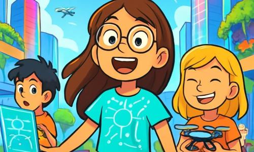 Uma menina de 12 anos, com cabelos longos e castanhos e óculos redondos, está no centro de uma praça futurista, com os olhos arregalados de alegria e admiração. Ela usa uma camiseta brilhante com padrões de circuitos eletrônicos e um short de denim. Ao lado dela, uma menina de 11 anos com cabelos loiros sorri segurando um pequeno drone, pronta para fazê-lo voar. Ao fundo, um menino de 12 anos, com cabelos negros bagunçados, observa um holograma flutuante, fascinado pelas informações sobre energia solar. O local é uma praça movimentada da cidade de Neoluz, cercada por torres de vidro que mudam de cor ao sol, com jardins suspensos cheios de plantas verdes e flores vibrantes. Drones sobrevoam a cena, entregando frutas frescas aos transeuntes, enquanto robôs sorridentes ajudam os idosos a atravessar a rua. A situação principal mostra a menina, cheia de entusiasmo, descobrindo as maravilhas tecnológicas da cidade, cercada por seus novos amigos, todos ansiosos para proteger o planeta com criatividade e engenhosidade.