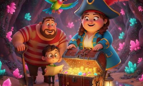 The main pirate is Captain Lily, a cheerful, brave woman with a round smiling face, braided brown hair, a large red-plumed hat and bright blue coat with gold buttons, holding an open rusty chest of glittering jewels and gold; Benny, a tall burly man of about 30 with tanned skin, short beard and a striped shirt, digs beside the chest, sandy and sweaty; Timmy, a small ten-year-old boy with oversized round glasses and a green shirt, leans over the chest reading a parchment map by lantern light; Polly the colorful parrot flies above with green and blue plumage; the scene is a secret beachside cave with stone walls studded with pink and turquoise crystals, wet golden sand and shiny puddles, warm light illuminating amazed, conspiratorial faces in a magical, safe atmosphere, in saturated colors, smooth shiny textures, soft contrasted lighting, childlike proportions and rounded shapes, joyful adventurous mood.