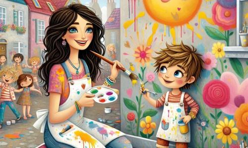 Un'artista donna di nome Sofia, con lunghi capelli castani e occhi brillanti, sorride felicemente mentre dipinge un grande muro colorato. Indossa un grembiule macchiato di vernice e tiene un pennello in una mano, mentre l'altra è coperta di macchie di colori vivaci. Accanto a lei, un ragazzo di nome Luca, di circa 8 anni, con capelli biondi disordinati e occhi curiosi, osserva con meraviglia il muro che stanno creando insieme. Tene un piccolo barattolo di vernice gialla ed è pronto a dare il suo tocco personale. Il luogo è un quartiere vivace, con case dai colori vivaci, un muro grigio triste che si trasforma in un affresco vibrante di fiori, soli e nuvole. Bambini riuniti intorno a loro, ridendo e giocando, aggiungono all'atmosfera gioiosa. La scena principale mostra Sofia e Luca nel processo creativo, circondati da un gruppo di bambini entusiasti, tutti uniti dall'amore per l'arte e dalla gioia di trasformare il loro ambiente in un luogo colorato e accogliente.