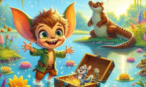 Hopa, un goblin vesel cu ochi strălucitori și urechi ascuțite, stă pe marginea unui lac strălucitor, zâmbind cu uimire în timp ce descoperă o cutie veche în mijlocul apei. Lângă el, Mica, o veveriță jucăușă cu blană brună și o coadă pufoasă, dansează vesel, aruncând flori colorate pentru a distra un crocodil adormit pe mal. Puf, un iepuraș cu urechi mari și albe, stă puțin mai în spate, observând cu entuziasm, pregătit să sară în apă pentru a-l ajuta pe Hopa. Lacul este înconjurat de flori strălucitoare și copaci mari verzi, în timp ce soarele strălucește pe un cer albastru deschis, creând o atmosferă magică. În această scenă, Hopa și prietenii săi sunt pe cale să descopere o comoară ascunsă, plini de entuziasm și aventură.