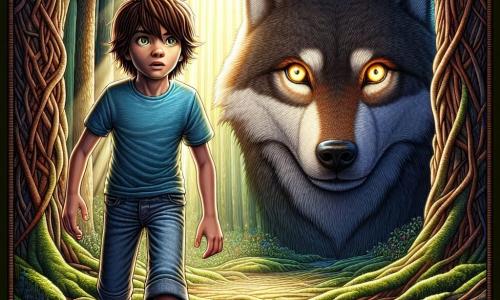 Ein mutiger 11-jähriger Junge namens Lukas steht im Zentrum der Bühne. Er hat zerzauste braune Haare, funkelnde Augen voller Entschlossenheit und trägt ein blaues T-Shirt mit einer Jeansshorts. Sein Gesichtsausdruck ist sowohl konzentriert als auch furchtlos, während er einen Schritt nach vorne macht, bereit, dem großen bösen Wolf gegenüberzutreten. Zu seiner Rechten steht ein großer grauer Wolf mit leuchtenden Augen, der sowohl majestätisch als auch traurig wirkt, mit einer stolzen, aber verletzlichen Haltung. Er schaut Lukas mit einem Hoffnungsstrahl in seinen Augen an, als würde er auf ein Versprechen der Befreiung warten. Im Hintergrund erstreckt sich ein dichter, geheimnisvoller Wald mit dicken Baumstämmen und leuchtend grünen Blättern. Sonnenstrahlen dringen durch das Blätterdach und erzeugen leuchtende Muster auf dem moosbedeckten Boden. Die Szene zeigt den entscheidenden Moment, in dem Lukas, bewaffnet mit seinem Mut, dem Wolf gegenübersteht, bereit, die Wahrheit zu entdecken und das Unheil zu brechen, das auf ihm lastet. Die Atmosphäre ist emotional aufgeladen, voller Spannung und Hoffnung, während die Magie des Waldes sie umgibt.