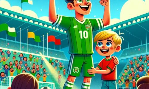 El personaje principal, Leo, es un joven atlético de unos 25 años, con cabello castaño y ojos brillantes de alegría. Lleva una camiseta verde con el número 10, un pantalón corto a juego y zapatos de fútbol, y celebra con una gran sonrisa después de marcar un gol. A su lado, Pedro, un niño de 10 años con cabello rubio y ojos azules, mira a Leo con admiración, con los brazos levantados en señal de victoria. Lleva una camiseta roja y un pantalón corto azul, y está en el césped, rodeado de sus amigos, todos aplaudiendo. La escena tiene lugar en un gran estadio durante el día, con gradas llenas de espectadores entusiastas, banderas ondeando y pancartas coloridas. El cielo es azul, con algunas nubes blancas, y la hierba del campo es de un verde brillante, perfectamente cuidada. La situación principal muestra a Leo celebrando su gol decisivo, levantando los brazos al cielo, mientras los aficionados en las gradas gritan de alegría, creando una atmósfera festiva y llena de energía.