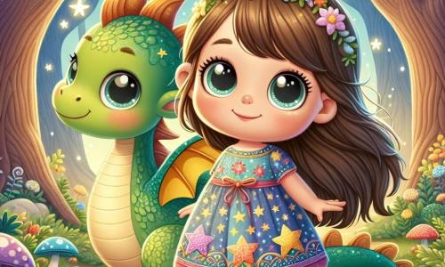 Una niña de 4 años, llamada Luna, con largos cabellos castaños y ojos llenos de curiosidad, sonríe con asombro mientras está sobre la espalda de un dragón. Lleva un vestido colorido decorado con motivos de estrellas y flores. A su lado, Drago, un dragón miniatura con escamas brillantes de verde y oro, agita sus alas con entusiasmo. Tiene grandes ojos tiernos y una sonrisa amistosa, y parece listo para volar al cielo. El escenario es un hermoso bosque mágico, donde los árboles son altos y majestuosos, sus hojas brillan como estrellas bajo la luz del sol. Flores coloridas y hongos de formas extrañas salpican el suelo, mientras un suave rayo de luz filtra a través de las ramas. La escena muestra a Luna y Drago listos para despegar en el aire, rodeados del brillo de las estrellas de papel que han descubierto, simbolizando su aventura y amistad.