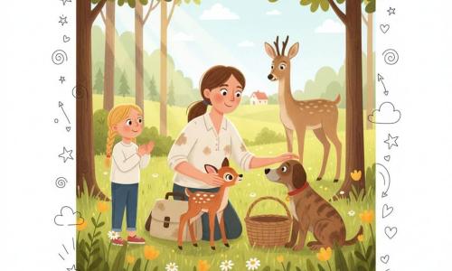 Die Tierärztin Eva kniet lächelnd mit freundlichem Blick und braunem Pferdeschwanz, trägt eine helle, erdverschmutzte Kittelschürze und eine Leinentasche, sie streichelt vorsichtig das kleine rehkitze Lilo; links steht die etwa siebenjährige Leni mit blonden Zöpfen und einem Blumenkleid und klatscht leise, rechts sitzt der braun getigerte Hund Max schützend bei dem Korb; das rötlich gesprenkelte Rehkitze steht wackelig auf den Beinen und blickt zur aus dem Gehölz heraustretenden, schlanken, beigefarbenen Mutter; Szenerie: Morgen an der Waldrandwiese mit hohem Gras, gelben Blumen und Margeriten, Sonnenstrahlen zwischen Eichenstämmen, ferne Farm mit kleinem rotem Haus; Moment: zärtliches Wiedersehen, Eva gibt das Kitze behutsam der Mutter zurück, Leni glücklich, Max wachsam, warme, beruhigende Stimmung.