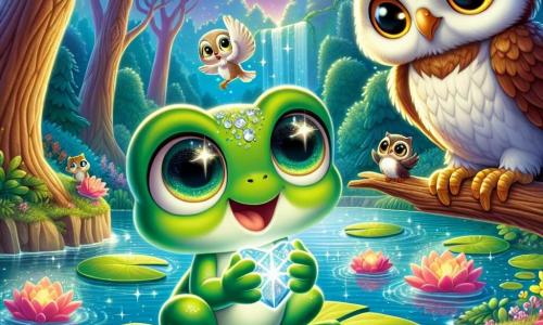 Una piccola rana di nome Lillo, con una pelle verde brillante e grandi occhi rotondi, si trova su una foglia di ninfea, il cuore che batte d'eccitazione. Ha un sorriso curioso sul volto, tenendo tra le zampe una pietra scintillante che brilla di una luce dolce. Nelle vicinanze, un saggio gufo dal piumaggio marrone e dagli occhi penetranti, posato su un ramo di una grande quercia, osserva attentamente Lillo, con un'espressione benevola e un'aria di saggezza. Il paesaggio è una foresta incantata, con alberi maestosi dai tronchi spessi, fiori colorati che danzano al vento e un lago dalle acque cristalline che riflette il cielo blu. La scena mostra Lillo che scopre il potere della pietra di luna, pronta ad aiutare un giovane gufo ferito, circondata da un'atmosfera magica e luminosa.