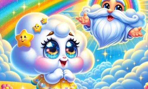 Nilla, una piccola nuvola bianca e soffice, fluttua nel cielo blu splendente, con uno sguardo curioso e meravigliato. Ha occhi brillanti e un sorriso dolce, mentre si prepara a partire per un'avventura. Il Saggio Arcobaleno, un personaggio colorato e maestoso, si trova vicino, con colori vivaci che scintillano sotto il sole. Ha un'espressione benevola e saggia, e sembra indicare una direzione, come se guidasse Nilla verso il suo prossimo viaggio. Il luogo è un vasto cielo punteggiato di nuvole cotonose, con raggi di sole dorati che filtrano, creando un'atmosfera magica e luminosa. La scena principale mostra Nilla, piena di eccitazione, pronta a lasciare il suo angolo di cielo per esplorare il mondo sottostante, mentre l'Arcobaleno le offre preziosi consigli, circondato da colori brillanti e luce.