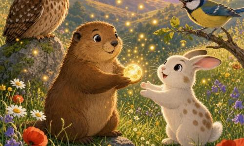 Una marmotta bruna dal pelo morbido e un po' arruffato porge con le zampe anteriori una piccola pietra luminosa a un coniglietto bianco macchiato di beige che la riceve stupito; una cinciallegra gialla e blu è appollaiata su un ramo a destra come a incoraggiare, un vecchio gufo bruno osserva benevolo da un sasso a sinistra; la scena si svolge in un prato ondulato all'alba con erba alta, fiori e massi muschiosi mentre la pietra sprigiona piccole luci dorate e gli animali si raccolgono in cerchio amichevole.