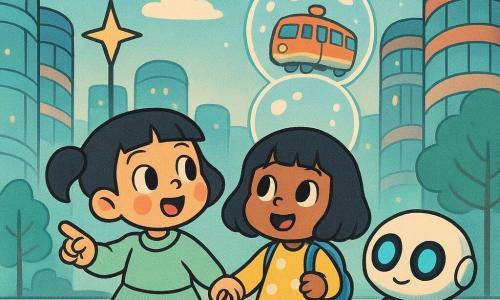 Há três personagens: Lia, menina de quase 3 anos, cabelo preto curto em carré, bochechas rosadas, veste um vestido amarelo com bolinhas brancas e uma mochila azul que faz bip, segura a mão de Noa e olha para um grande elevador de bolhas; Noa, menina de quase 3 anos, cabelo castanho‑claro em rabos de cavalo, usa um suéter verde‑menta e botinhas vermelhas, está à esquerda de Lia, sorri e aponta para um trem flutuante brilhante; um robô de limpeza pequeno, metálico e branco, olhos LED azuis e rodinhas está à direita, inclinando a cabeça como se procurasse algo. Local: praça urbana futurista com chão liso e reflexivo cinza pérola, prédios altos arredondados de vidro colorido, postes em forma de estrela, uma faixa luminosa verde no chão e um elevador de bolhas subindo para jardins suspensos. Situação: as duas meninas de mãos dadas observam maravilhadas o elevador de grandes bolhas luminosas que sobe devagar, o robô as acompanha rolando como se ajudasse a procurar; clima claro e alegre, cores pastel saturadas, traços simples e arredondados, sombras suaves e expressões sorridentes.