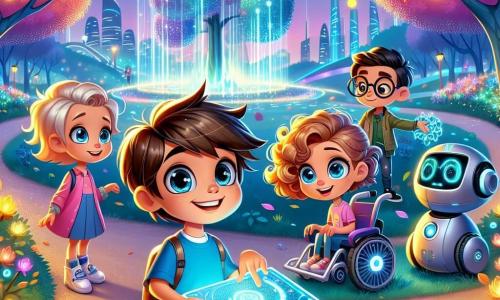 En un parque futurista de Techtopía, cuatro niños están reunidos. Max, un niño de seis años con cabello castaño desordenado y una camiseta azul, sonríe sosteniendo una hoja brillante. Junto a él, Ana, una niña de cabello rubio rizado, lleva un vestido rosa y admira una flor que cambia de color. Lucas, un niño con gafas redondas y cabello negro, observa atentamente su tableta holográfica, proyectando un plano del parque. Por último, Zoe, una niña de cabello castaño y gran energía, está sentada en su silla de ruedas voladora, rodeada de hojas que ha recogido. El parque es mágico, lleno de árboles con troncos brillantes y flores multicolores que bailan al ritmo de una suave melodía. Luces flotantes iluminan el cielo crepuscular, y robots amigables se ocupan de mantener este espacio encantador. Los niños ayudan a un pequeño robot llamado Eco a recoger hojas para mantener el parque limpio y luminoso. Ríen juntos, descubriendo la magia de su ciudad futurista mientras aprenden la importancia de proteger su entorno.