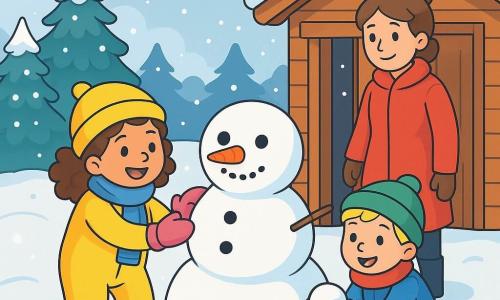 Er zijn 3 personages: Noor: een 5-jarig meisje met bruin krullend haar, in een mooie gele skikleding, roze handschoenen en een blauwe sjaal. Ze staat glimlachend en bouwt een sneeuwman. Milo: een 5-jarig jongetje met kort blond haar, in een blauwe skikleding, een rode sjaal en een groene pet. Hij zit naast Noor, met een sneeuwbal in zijn handen, klaar om te gooien. Mama: een volwassen vrouw met kastanjebruin haar in een knot, in een felrode jas en zwarte laarzen. Ze staat bij de ingang van het chalet en kijkt met een warme glimlach naar de kinderen. De locatie is voor een houten chalet, omringd door een betoverend winterlandschap. Sneeuw bedekt de grond en daken, terwijl zachte sneeuwvlokken uit de lichtgrijze lucht vallen. Majestueuze dennenbomen, bedekt met sneeuw, staan op de achtergrond en creëren een magische sfeer. Noor en Milo spelen vrolijk in de sneeuw, bouwen een sneeuwman met stenen ogen en een grote wortel als neus, terwijl Mama hen met genegenheid aankijkt, wat een warme toets aan deze winterscène toevoegt.