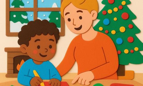 Um menino de 4 anos, chamado Tomás, com cabelos castanhos cacheados e bochechas rosadas, está sentado à uma mesa, concentrado e alegre, desenhando em um papelão vermelho com lápis de cor. Sua mãe, uma mulher de cerca de 30 anos com cabelos loiros presos em um coque, está ao lado dele, sorrindo, mostrando-lhe como escrever uma palavra. Eles estão em uma sala aconchegante, decorada para o Natal, com uma grande janela mostrando um jardim coberto de neve. Uma grande lareira crepita suavemente, e uma bela e grande árvore de Natal brilha com luzes coloridas e decorações brilhantes. A cena principal mostra Tomás e sua mãe criando cartões de felicitações, cercados por papéis coloridos, tesouras e fitas, em um ambiente festivo e iluminado.