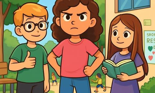 Există 3 personaje: - Miruna: o fată de 11 ani, cu părul brun și creț, îmbrăcată cu un tricou roz și blugi albaștri. Ea stă în centru, cu mâinile pe șolduri, având o expresie hotărâtă. - Darius: un băiat de 12 ani, cu părul blond și ochelari, îmbrăcat cu un tricou verde și șort negru. El se află în stânga lui Miruna, zâmbind și arătându-și sprijinul cu un deget mare ridicat. - Alexandra: o fată de 11 ani, cu părul lung și drept, îmbrăcată cu o rochie violetă și sandale. Ea este în dreapta lui Miruna, ținând o carte deschisă, pregătită să-și împărtășească ideile. Locul se desfășoară într-o curte de școală însorită, înconjurată de copaci verzi mari și bănci din lemn. Copiii se joacă în depărtare, iar afișele colorate de pe perete anunță „Săptămâna Respectului”. Situația principală arată cei trei prieteni discutând serios, Miruna în centru, exprimându-și dorința de a apăra un coleg victimă a hărțuirii. Fețele copiilor sunt pline de empatie și hotărâre, ilustrând importanța prieteniei și a sprijinului reciproc.