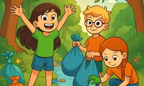 O fată de 12 ani, Andreea, cu păr lung și castaniu și ochi strălucitori de curiozitate, stă pe marginea unui pârâu. Ea poartă un tricou verde aprins și o pereche de pantaloni scurți din denim, zâmbind entuziast, cu brațele ridicate spre cer, ca și cum ar sărbători o descoperire. Lângă ea, prietenul ei Luca, un băiat de 12 ani cu păr blond și ochelari, ține un sac de gunoi, având un aer hotărât, pregătit să curețe natura. Mara, o altă prietenă, cu păr roșcat și împletituri, este ghemuită, adunând gunoaie cu mănuși, având o expresie concentrată. Locul este o pădure verde, luminată de raze de soare, unde copaci majestuoși înconjoară un pârâu cu ape cristaline, presărat cu pietre netede și flori colorate. Scena emană o atmosferă veselă și dinamică, ilustrând angajamentul copiilor de a proteja mediul înconjurător. Ei sunt înconjurați de saci de gunoi colorați, pregătiți să fie umpluți, în timp ce păsările cântă în crengile de deasupra lor, adăugând o notă de viață acestei zile frumoase de curățenie.