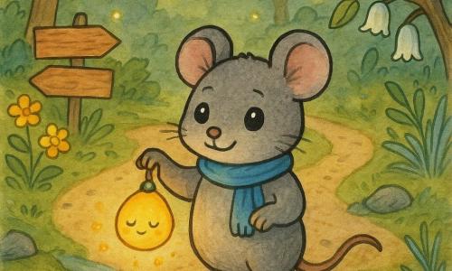 Un pequeño ratón Ratmalín, valiente y dulce, ojos redondos brillantes, pelaje gris cálido, con una pequeña bufanda azul y una diminuta linterna en forma de gota que titila; sonríe tímido y levanta una pata dudando en avanzar por un sendero forestal que se divide en tres: a la izquierda paneles de miel brillantes y flores amarillas, al centro un arroyo azul claro con piedras húmedas, a la derecha campanillas colgantes y hierbas plateadas al viento; la linterna es un personaje secundario, una luz amarillo‑anaranjada redonda y somnolienta que tiembla y flota junto al ratón; otros secundarios: hojas animadas y una luciérnaga lejana como pequeñas luces detrás; atmósfera suave, colorida e invitante, composición centrada en el ratón frente a los tres caminos, estilo tinta coloreada con trazos sencillos y formas redondeadas para los más pequeños.