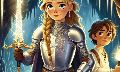 În prim-plan, o cavaleră curajoasă, Selina, stă mândră, ținând în mână o sabie magică strălucitoare. Are părul lung blond împletit, ochii strălucitori de determinare și poartă o armură sclipitoare decorată cu motive florale. Fața ei exprimă atât bravură, cât și concentrare, în timp ce se pregătește să-și apere regatul. Lângă ea, Aiden, un băiat de 12 ani cu părul brun și ochii plini de entuziasm, o observă cu admirație. Poartă o tunică simplă și pantaloni din piele, ținând o torță care le luminează calea în întuneric. Decorul se află la intrarea unei peșteri misterioase, unde umbrele dansează pe pereți, creând o atmosferă atât îngrijorătoare, cât și magică. Stalactite strălucitoare atârnă de tavan, în timp ce o lumină blândă emană din piatra magică din centrul peșterii. Situația principală îi arată pe Selina și Aiden în fața unei armate de creaturi monstruoase, pregătite să-și apere regatul. Selina, cu o postură hotărâtă, se pregătește să lupte, în timp ce Aiden, cu torța în mână, se pregătește să o sprijine în această bătălie epică pentru a salva Eldoria.