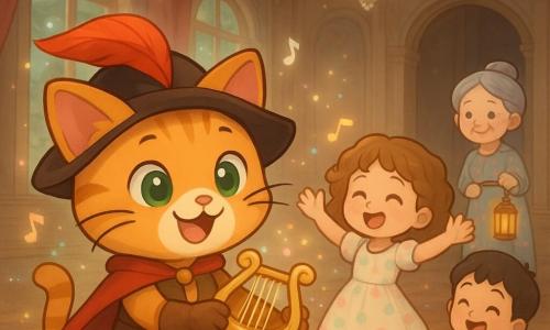 The main character is Puss in Boots, expressive and joyful with sparkling green eyes, curved whiskers, brown leather boots, a red feathered hat and short cape, holding a small shimmering lyre and playing with a lively, confident pose; a ca. 9-year-old girl with light brown curly hair in a pastel polka-dot dress dances with arms raised, amazed; an about 11-year-old boy with short black hair, a simple shirt and suspenders laughs and applauds slightly behind; an elderly woman (~65) with grey hair in a bun, wearing a floral dress and holding a lantern, stands at the castle doors smiling and moved; the setting is the grand ballroom of a renovated castle with polished floors, crystal chandeliers, painted high ceilings and open crimson curtains revealing a sparkling forest; Puss in Boots stands center-stage playing a magical lyre that awakens the castle music while villagers dance and laugh as glowing notes float and colorful reflections dance on the floor.