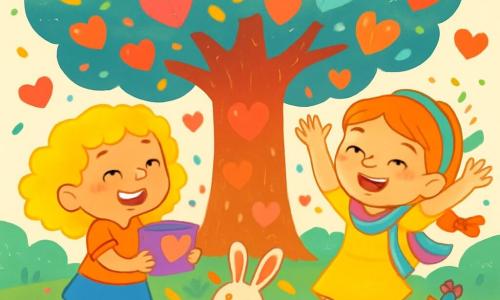 There are 2 main characters: Mila, a 7-year-old girl with curly golden hair wearing shiny red boots, smiling enthusiastically while holding a small heart-shaped candy box, and Penny, a 7-year-old girl with freckles and a sparkling rainbow scarf, joyfully dancing with her arms raised, surrounded by small animals. The setting is the enchanted Heartberry forest, where a large sparkling tree, the 
