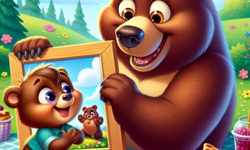 A little brown bear named Benny, with soft fluffy fur, sports a big joyful smile and sparkling eyes of excitement. He holds a wooden frame containing a restored photograph of his dad, Big Bear, while bouncing on his hind legs in a sunny meadow. Next to him, Big Bear, a large bear with dark brown fur and an emotional expression, looks at the photo with tenderness, his eyes shining with nostalgia. He is sitting on the green grass, surrounded by delicious picnic treats like honey sandwiches and berry pies. The setting is a sunny meadow dotted with colorful flowers, with tall green trees in the background and a clear blue sky scattered with fluffy white clouds. The main scene shows Benny, overflowing with enthusiasm, presenting the surprise gift to his dad for Father's Day, creating a moment of joy and tenderness between them.
