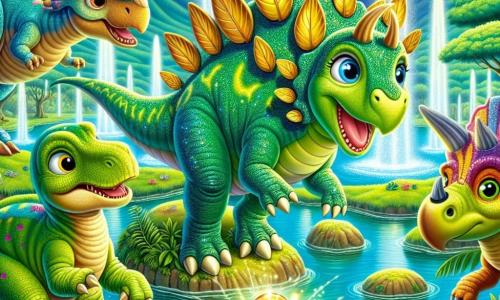 A stegosaurus named Stella, with shimmering emerald scales and leaf-shaped plates, stands in the center of the image, her eyes sparkling with excitement and a wide smile on her face. Beside her, a triceratops named Toby, with brown skin and three sharp horns, curiously gazes at the floating golden bracelet in front of them. A velociraptor named Vicky, with colorful feathers and sparkling eyes, joyfully leaps, while a brachiosaurus named Benny, with a long neck and green skin, bends down to observe the scene with a kind expression. The setting is a lush green valley dotted with tall trees and vibrant flowers, with a field of geysers in the background where jets of water shoot into the air, creating a magical spectacle. In the center of the scene, Stella places the golden bracelet on a glowing stone, while the ground trembles slightly around them, adding a touch of adventure to this captivating moment.