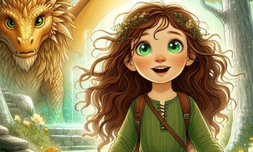 A 12-year-old girl, Elara, stands center stage, with sparkling emerald eyes and wavy brown hair gently flowing in the wind. She wears a green linen tunic and a small backpack, her face radiating excitement as she discovers a secret path in the forest. To her right, a majestic dragon with golden scales and wise, kind eyes watches her with a friendly smile. The setting is an enchanted clearing in the heart of a mysterious forest, where silver-trunked trees rise towards the sky and luminescent flowers emit a soft glow. Sunbeams filter through the foliage, creating a magical play of shadows and light. The main scene shows Elara, heart racing, reaching out to touch the Echo of the sparkling stone on a stone pedestal, while the dragon encouragingly stands by, ready to accompany her on her quest to save the forest.