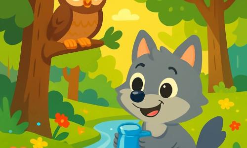 Een kleine wolf genaamd Wolkje, met een zachte grijze vacht en nieuwsgierige ogen, staat bij een glinsterende rivier. Hij heeft een verwonderde glimlach op zijn gezicht en houdt een kleine glanzende blauwe stein vast. Boven hem zit een wijze uil genaamd Odo, met bruine veren en grote ronde ogen, die vriendelijk toekijkt. Hij zit op een tak van een grote den, met een aandachtige en serene blik. De omgeving is een prachtig groen bos, vol met majestueuze bomen, kleurrijke bloemen en gouden licht dat door de bladeren filtert. De rivier stroomt zachtjes en creëert glinsterende reflecties op het water. Wolkje, met zijn stein, staat op het punt om een reis door de tijd te maken, klaar om een oude wereld te ontdekken, terwijl Odo op hem let, klaar om hem te begeleiden in dit magische avontuur.
