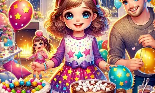 Uma menina de 6 anos, chamada Lila, com grandes olhos brilhantes e cabelos cacheados castanhos, está no centro da imagem, sorridente e cheia de empolgação. Ela usa um vestido colorido com estampas de estrelas e segura balões multicoloridos nas mãos. Ao seu lado, seu pai, um homem na casa dos trinta anos com uma barba leve e um sorriso caloroso, está decorando o ambiente com guirlandas brilhantes. Sua mãe, uma mulher na casa dos trinta anos com cabelos longos e loiros, prepara uma grande xícara de chocolate quente na mesa, adicionando marshmallows. A cena acontece em uma sala festiva, cheia de decorações de Ano Novo: balões, confetes espalhados pelo chão e uma grande mesa com uma deliciosa torta de chocolate ao centro. A luz suave das guirlandas ilumina o ambiente, criando uma atmosfera calorosa e alegre. Lila e sua família estão preparando a festa de Ano Novo, cercados de risos e empolgação, prontos para receber os amigos para uma noite memorável.