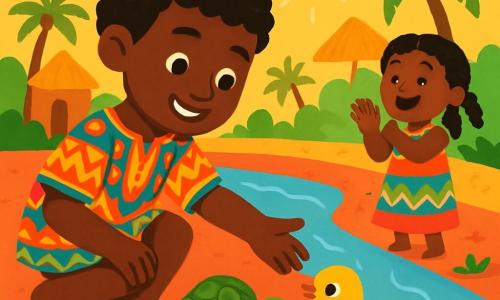Amadu es un joven sonriente, con cabello rizado y piel color ébano. Lleva una túnica colorida de tela tradicional, adornada con motivos africanos. Amadu está extendiendo la mano hacia un pequeño pollito amarillo, con ojos brillantes y curiosos, que se encuentra en la orilla del río. Junto a Amadu, una tortuga verde, con un caparazón decorado con motivos naturales, se mueve lentamente sobre el suelo rojo y lo mira con ojos tiernos, como si quisiera ayudarlo. Más lejos, una niña de aproximadamente 6 años, con trenzas y un vestido colorido, aplaude alegremente mientras observa la escena. El decorado es un vibrante pueblo africano, con casas de barro y palmeras que se balancean suavemente bajo el sol. El río brilla bajo los rayos dorados y flores coloridas crecen en las orillas. La situación principal muestra a Amadu, con una mirada decidida y bondadosa, ayudando al pollito a reunirse con su madre, mientras la tortuga y la niña lo animan con entusiasmo.