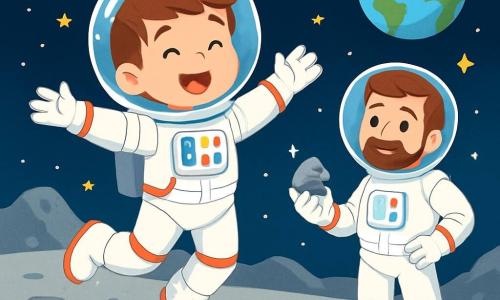 Un tânăr, Andrei, zâmbitor și uimit, poartă un costum de astronaut alb și strălucitor, cu un casca transparentă care reflectă stelele. El sare cu bucurie pe suprafața lunară, cu brațele desfăcute, ca și cum ar dansa în imponderabilitate. Aproape de el, un alt astronaut, căpitanul, un bărbat de vârstă mijlocie cu părul brun și o barbă îngrijită, îl observă pe Andrei cu un zâmbet mândru, ținând în mână un eșantion de rocă lunară. Peisajul lunar este spectaculos, cu un sol gri și cratere, presărat cu pietre strălucitoare sub un cer negru adânc, plin de stele strălucitoare și cu o Terra albastră și verde vizibilă la orizont. Andrei descoperă frumusețea Lunii, sărind cu bucurie și adunând roci strălucitoare, ilustrând uimirea și explorarea într-o lume extraterestră fascinantă.