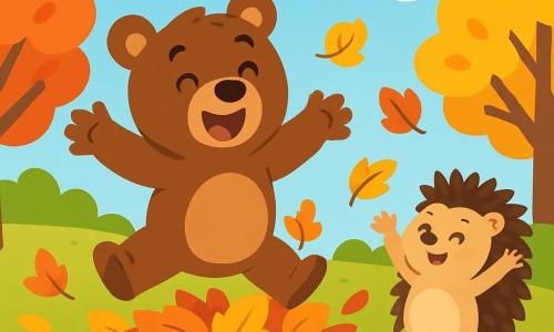Ein Braunbär namens Bruno mit weichem Fell und funkelnden Augen springt in einen großen Haufen bunter Herbstblätter, die Arme weit geöffnet und mit einem breiten Lächeln im Gesicht. Neben ihm lacht ein kleines Igelmädchen namens Ida, mit weichen Stacheln und runden Augen, während sie begeistert Blätter in die Luft wirft und ihre kleinen Pfoten hebt. Im Hintergrund ein Garten in voller Herbstsaison, gefüllt mit Bäumen, deren Blätter gold, rot und orange sind, unter einem hellblauen Himmel mit einigen weißen, wolkigen Wolken. Die Szene zeigt Bruno und Ida, die zusammen Spaß haben, umgeben von fliegenden Blättern, und schafft eine fröhliche, festliche Herbstatmosphäre.