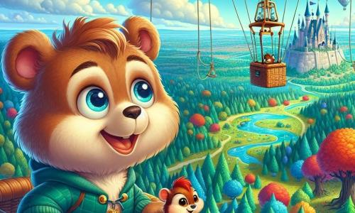 Un pequeño osito llamado Bruno, con un suave pelaje marrón y ojos brillantes de curiosidad, está de pie en una canasta de globo aerostático, el viento le despeina el pelaje y una gran sonrisa ilumina su rostro. A su lado, su mejor amiga Lila, una pequeña ardilla de pelaje rojo vivo y ojos traviesos, observa con asombro el paisaje de abajo, sus pequeñas patas aferrándose al borde de la canasta. El cielo es de un azul brillante, salpicado de nubes esponjosas, mientras que el vasto bosque encantado se extiende abajo, con árboles de colores vivos y un arroyo reluciente que serpentea por el paisaje. Al fondo, un misterioso castillo cubierto de hiedra se perfila en el horizonte, añadiendo un toque de magia a la escena. Bruno y Lila, en pleno vuelo, descubren el mundo desde las alturas, con sus corazones latiendo de emoción mientras se acercan al misterioso castillo, listos para una nueva aventura.