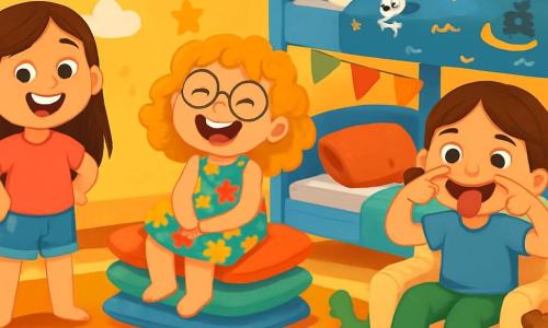 Există 3 personaje: - Maria: o fetiță de 6 ani, cu părul lung și brunet și ochi strălucitori, îmbrăcată într-un tricou roz și o pereche de pantaloni scurți din denim, stând în picioare cu mâinile pe șolduri și un zâmbet mândru. - Sofia: o fetiță de 6 ani, cu părul blond și creț și ochelari rotunzi, purtând o rochie cu flori colorate, stând pe o grămadă de perne și râzând cu poftă. - Ana: o fetiță de 6 ani, cu părul castaniu și împletituri, îmbrăcată într-un tricou albastru și pantaloni verzi, făcând grimase, așezată pe un fotoliu mic din pluș, înconjurată de jucării. Scena are loc într-o cameră de copii luminoasă și colorată, cu pereți galbeni și decorațiuni cu nori și stele, un covor pufos pe podea, perne colorate împrăștiate și un pat supraetajat cu cearceafuri cu modele de pirați. Jucăriile sunt împrăștiate, iar o ghirlandă de lumini strălucește deasupra patului. Cele trei surori sunt într-o aventură, râzând și jucându-se în camera lor secretă, cu biscuiți împrăștiați și o hartă a comorii desenată pe o bucată de hârtie, în timp ce un ursuleț de pluș le observă amuzat.