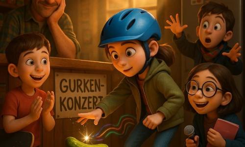 Mira, ein etwa 12-jähriges Mädchen mit konzentriert-sanftem Gesichtsausdruck, gebogenen Stirnrunzeln, zusammengepressten Lippen und blauem Fahrradhelm mit gelbem Blitz, trägt eine khakifarbene Jacke, kniet leicht gebeugt und greift nach einem kleinen funkelnden, unsichtbaren Geräusch, das aus einer großen grünen Gurke auf einer Holzkiste zu kommen scheint; links applaudiert der etwa 11-jährige Benni mit kurzen braunen Haaren, rotem T‑Shirt und Skateboard unter dem Arm, lächelnd und erstaunt, rechts hockt die circa 11-jährige Elif mit großen runden Brillen und einem rosa Skizzenbuch, hält ein Papier‑Mini‑Mikrofon zur Gurke und lacht leise, leicht dahinter macht der etwa 12-jährige Tarek mit schwarzer Jacke und buntem Schal eine dramatische Handbewegung wie zum Vorhangziehen; der etwa 45-jährige Besitzer mit warmem Teint und kariertem Hemd steht links hinter dem Tresen, Hand an der Wange, liebevoll-amüsiert; Ort ist ein kleiner Kiez‑Kiosk mit niedrigen Holzregalen, bunten Bonbon‑Schachteln, silbernem Kühlschrank mit Stickern, warmer Lichtstimmung und sichtbarem Staub, gefalteten Plakaten und einem handgemalten Schild „GURKEN‑KONZERT“ vor der Kiste; die Gurke steht als Bühne auf der Kiste, ein Pinguin‑Aufkleber fällt daneben und ein glänzendes Mini‑Gummihühnchen wird enthüllt; die Stimmung ist komisch, warm und magisch, imaginäre Geräusche als bunte Lichtwellen aus Miras Tasche, visueller Stil: satte Farben, glatte leicht cartoonhafte Texturen, weiches warmes Licht, überzeichnete Mimik und dynamische Posen.