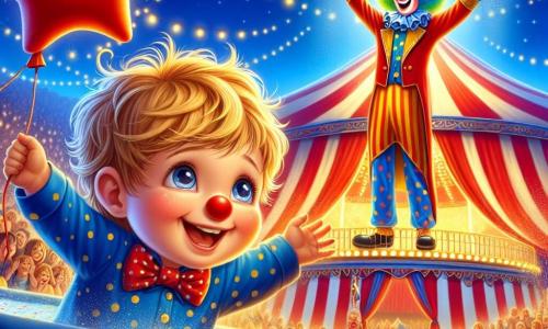 Een 2-jarig jongetje, Tim, met tousled blond haar en stralende ogen, houdt stevig een grote rode stervormige ballon vast. Hij glimlacht breed, verwonderd door de show. Naast hem staat een blije clown van ongeveer 30 jaar met een grote kleurrijke pruik, een rode neus en een stippenkostuum, die opstaat uit een grote badkuip vol confetti, lachend en grimassend. Op de achtergrond staat een majestueuze circus tent met felle kleuren, met rode en witte strepen, onder een stralende blauwe lucht. Flikkerende lichten verlichten het podium en verwonderde toeschouwers staan eromheen en applaudisseren. De hoofdscene toont Tim, met een stralend gelukkige gezicht, kijkend naar de clown die net in de confetti is gevallen, wat een sfeer van vreugde en magie creëert in deze betoverende circuswereld.