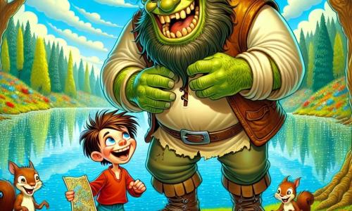 Un gran ogro llamado Grog, con una barba desordenada y una sonrisa cálida, se encuentra en el centro de la escena, riendo de todo corazón. Tiene piel verde y ojos chispeantes de malicia, vistiendo una túnica de cuero y pantalones de tela. A su lado, un niño pequeño llamado Tito, de unos 8 años, con cabello castaño alborotado y una mirada curiosa, sostiene un mapa del tesoro, con los ojos brillantes de emoción. Tito lleva una camiseta roja y un pantalón corto azul, y está ligeramente inclinado hacia adelante, como si estuviera a punto de descubrir algo maravilloso. En el fondo, un lago brillante refleja el cielo azul, rodeado de flores coloridas que bailan al viento. Árboles majestuosos con troncos gruesos y hojas verdes forman un fondo mágico. La escena principal muestra a Grog y Tito, rodeados de alegres ardillas, buscando un tesoro escondido. Todos ríen y se divierten, llenando el aire de alegría y aventura, mientras un grupo de patos curiosos los observa desde la orilla del lago.