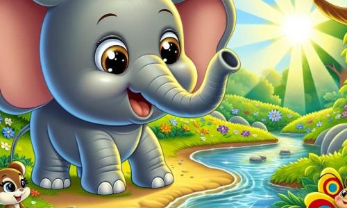 Ein fröhlicher Elefant namens Emil mit weichem grauem Fell und großen Ohren steht am Ufer eines kleinen Baches, dessen Wasser unter der Sonne glitzert. Er hat große, runde Augen voller Aufregung und ein breites Lächeln, während er mit seinem langen Rüssel einen wunderschönen, glitzernden Stein greift, der im Wasser rollt. Neben ihm fliegt ein bunter Schmetterling namens Pipo mit leuchtenden roten, gelben und blauen Flügeln um Emil und ermutigt ihn begeistert. Nahe dem Boden beobachtet eine neugierige kleine Maus namens Mia mit braunem Fell und großen, glänzenden Augen aufmerksam die Szene und ist bereit, ihren Freunden Anweisungen zu geben. Die Umgebung ist ein Dach aus üppigem Grün mit majestätischen Bäumen und leuchtenden Blumen in allen Farben, die den Bach säumen. Sonnenstrahlen brechen durch das Laub und tauchen die Szene in goldenes Licht. Die Hauptsituation zeigt Emil, Pipo und Mia, die vereint in einem fröhlichen Abenteuer arbeiten, um den wertvollen Stein aus dem Wasser zu holen, was die Bedeutung von Freundschaft und Zusammenarbeit verdeutlicht.