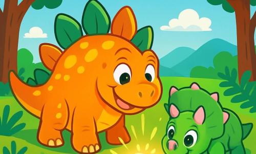 Een blije stegosaurus met glanzende groene en oranje rugplaten staat in het midden van de scène, glimlachend met sprankelende ogen van opwinding. Naast hem kijkt een kleine triceratops met roze hoorns en groene huid, vol energie, nieuwsgierig naar een mysterieuze artefact dat in het gras schittert. De achtergrond is een uitgestrekte groene vallei, bezaaid met grote varens en majestueuze bomen met dikke stammen, onder een stralende blauwe lucht met enkele donzige witte wolken. Op de achtergrond tekenen zich zachte heuvels af, wat diepte aan de scène toevoegt. De belangrijkste situatie toont Spike en Trixie die samen een glanzend artefact ontdekken, omringd door een gouden licht, dat lijkt een heldere weg door de vallei te onthullen en de aandacht van alle omringende dinosaurussen vasthoudt.