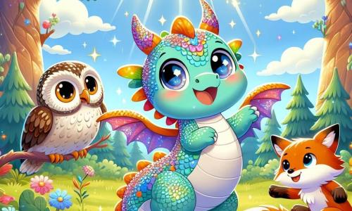 Un piccolo drago dalle squame multicolori brilla al sole, i suoi occhi scintillanti di entusiasmo. Danza gioiosamente nell'aria, con la lunga coda che ondeggia dietro di lui, mentre sorvola una foresta verdeggiante in piena rinascita. Accanto a lui, un saggio gufo dalle piume brune e bianche, posato su un ramo, osserva con uno sguardo attento e benevolo, come se condividesse consigli preziosi con il drago. Più in basso, una gioiosa volpe dal pelo rosso vivo, con un sorriso radioso, raccoglie rifiuti colorati nell'erba, contribuendo alla bellezza del loro ambiente. Il paesaggio è una foresta lussureggiante, piena di alberi maestosi con foglie brillanti, fiori vivaci e un cielo blu chiaro, dove la luce del sole filtra tra i rami, creando un'atmosfera magica e vivace. La scena rappresenta il drago e i suoi amici uniti in uno sforzo collettivo per pulire la loro foresta, simboleggiando speranza e impegno per la protezione della natura.