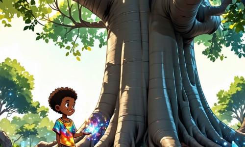 Kofi, een veertienjarig jongen, staat in de schaduw van een enorme baobab, zijn ogen glinsteren van nieuwsgierigheid en verwondering. Hij heeft krullend haar en een stralende glimlach, gekleed in een kleurrijk T-shirt en een broek van canvas. Hij houdt een glinsterende amulet in zijn hand en kijkt gefascineerd naar de magie om hem heen. Naast hem zit Nana Yaa, een wijze oude vrouw met wit haar en rimpelige huid, op een steen, met een welwillende blik op Kofi gericht. Ze draagt een traditionele jurk met levendige patronen en houdt een gebeeldhouwde staf vast, die haar wijsheid symboliseert. De locatie is een Afrikaanse savanne, verlicht door gouden licht, met hoge grassen die meedeinen op de wind en een blauwe lucht vol donzige witte wolken. Op de achtergrond staan andere majestueuze baobabs, wat een mystieke sfeer creëert. De belangrijkste situatie toont Kofi die de magische amulet ontdekt die door de baobab is gegeven, terwijl lichtflitsen om hem heen dansen, die de geheimen van wijsheid en moed onthullen.