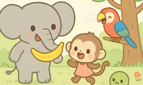 Un elefante di nome Gino, grande e grigio con grandi orecchie rotonde, sorride tenendo sotto la proboscide una banana di gomma; la piccola scimmia Lalla, pelliccia bruna chiara, salta vicino a una pozza sorpresa e divertita tenendo la banana finta; il pappagallo Pipo, piume rosse, blu e verdi vivaci, è appollaiato su un ramo a destra e ride; la tartaruga Nina, carapace verde semplice, osserva sorridendo dalla radura; ambientazione: radura forestale assolata con un grande albero sullo sfondo, erba, fiori, una pozza riflettente e qualche fungo rosso; situazione: Gino mostra la sua banana magica in gomma agli amici, momento di sorpresa e risate condivise; composizione centrata, colori pastello vivaci, contorni morbidi, sfondo semplice, atmosfera calda e infantile, luce dolce, formato orizzontale, nessun testo, stile pulito adatto ai più piccoli.