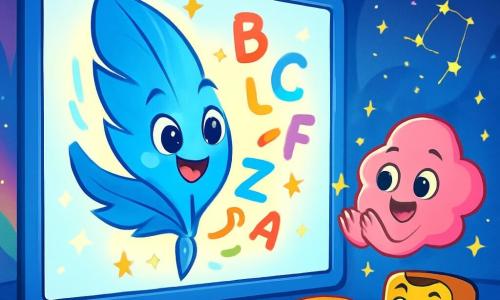 La Penna Stellata, una piccola penna blu brillante con una punta argentata, danza gioiosamente su un grande schermo luminoso, mentre le sue lettere colorate vorticano attorno a lei. Ha occhi scintillanti di curiosità e un sorriso radioso. Accanto a lei, la Gomma Sorridente, una gomma rosa a forma di nuvola, applaude con occhi rotondi e brillanti, mostrando orgoglio e incoraggiamento. Fluttua leggermente sopra il suolo, circondata da piccole stelle scintillanti. Il Temperino Curioso, un temperino giallo vivo con un volto amichevole, osserva con un sorriso incoraggiante, pronto a sostenere la sua amica. La scena si svolge in un planetario magico, dove luci colorate proiettano galassie e costellazioni sui muri, creando un'atmosfera incantevole. La Penna Stellata scrive una storia sul grande schermo, trasformando i suoi errori in stelle brillanti, mentre i suoi amici la incoraggiano con sorrisi calorosi.