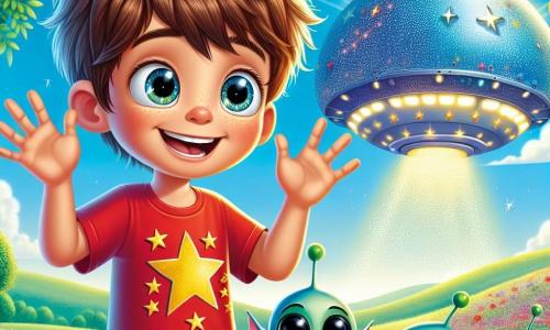 Un ragazzo di 12 anni, Leo, con capelli castani disordinati e occhi brillanti di curiosità, si trova davanti a un'astronave scintillante di colore blu, il viso illuminato dallo stupore. Indossa una maglietta rossa con un motivo di stelle e pantaloni corti di jeans, con le mani alzate in segno di eccitazione mentre si prepara a entrare nella navetta spaziale. Accanto a lui, tre extraterrestri Zylor, piccoli esseri verdi con grandi occhi neri e orecchie a punta, fluttuano gioiosamente intorno a lui. La scena si svolge in un campo verde, sotto un cielo blu brillante, dove l'astronave brilla al sole, circondata da fiori colorati e alberi frondosi. Leo, meravigliato e pronto a imbarcarsi nell'astronave con i suoi nuovi amici extraterrestri, simboleggia l'inizio di un'incredibile avventura intergalattica.