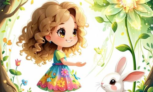 Ein kleines Mädchen von 4 Jahren, Lili, mit großen leuchtenden Augen und lockigem, goldenem Haar, steht im Zentrum eines magischen Gartens. Sie trägt ein buntes Kleid mit Blumenmustern und hat ein staunendes Lächeln im Gesicht, während sie sich einer großen funkelnden Blume, der Blume der Wahrheit, nähert. Neben ihr sitzt ein kleiner Hase namens Hopsi, mit weißem Fell und langen Ohren, der Lili fröhlich ansieht. Hopsi sitzt auf seinen Hinterbeinen und ist bereit, ihr die Wunder des Gartens zu erklären. Der Garten ist voller bunten Blumen, die im Wind tanzen, majestätischen Bäumen mit dicken Stämmen und Sonnenstrahlen, die durch die Blätter filtern und eine märchenhafte Atmosphäre schaffen. Die Hauptsituation zeigt Lili, die die Blume der Wahrheit entdeckt, mit weit aufgerissenen Augen vor Staunen, während Hopsi ihr erklärt, dass die Wahrheit in der Selbstliebe und der Liebe zu anderen liegt.