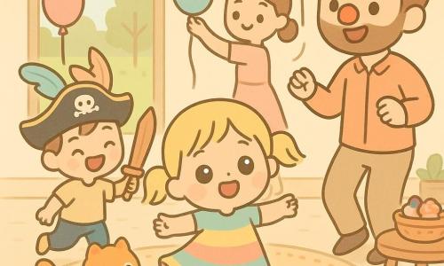 Ein fröhliches, erstauntes zweijähriges Mädchen mit blonden Zöpfen und glänzenden runden Augen dreht sich tanzend in einem kostüm mit breiten Regenbogenstreifen und weißen Socken; daneben lacht der etwa vierjährige Junge Tim mit schelmischem Gesicht, Federpiratenhut und einem Holzsäbel; rechts tanzt der etwa 35-jährige Vater mit leichtem Bart und karnevalsroter Nase und schaut zu den Kindern; die etwa 33-jährige Mutter in hellem rosafarbenem Kleid befestigt eine Girlande an der Decke; die rot getigerte, flauschige Katze Mimi springt um die Füße des Mädchens; Schauplatz: ein heller Salon mit großen Fenstern zum grünen Garten, bunten Girlanden, schwebenden Luftballons, einem gemusterten Teppich und einem Tisch mit einem Korb voller Süßigkeiten; Stimmung: intime, fröhliche Karnevalsszene, Kinder tanzen und lachen, warme Dekoration, kräftige Farben, Komposition zentriert auf das sich bewegende Mädchen.