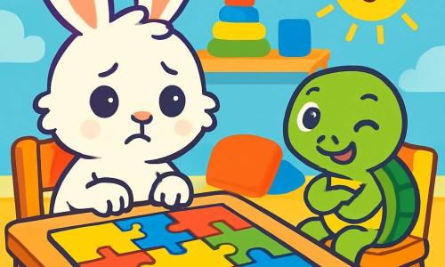 A small rabbit with big ears and soft, fluffy white fur is sitting at a wooden table. He has a worried look with round, shiny eyes, and his little paws tremble slightly as he gazes at a large, colorful puzzle spread out in front of him. Next to him, a smiling little turtle with a green shell and sparkling eyes encourages him with a wink. She is sitting on a chair with her legs crossed and appears confident. The setting is a lovely playroom filled with colorful toys, plush cushions, and sky-blue walls decorated with drawings of clouds and the sun. In this scene, the slightly scared rabbit is trying to gather his courage to start putting the puzzle together while the turtle encourages him with a warm smile.