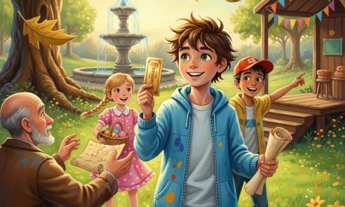 A smiling 12-year-old boy Max with messy brown hair and sparkling green eyes, wearing a sky-blue paint-stained jacket, holds a shiny golden ticket in his right hand and a rolled map in his left; behind him a roughly 11-year-old girl Lily with braided blonde hair in a pink polka-dot dress excitedly watches while holding a basket of colored eggs; to Max’s right a tan-skinned 12-year-old boy Ben in a red cap laughs and points at a large flying sheet; in the left foreground a curious old man of about 70 in a worn brown coat with a short gray beard gently catches the flying map; setting is a bright spring park with a stone fountain, a massive oak with visible roots, a green lawn dotted with yellow flowers and a small wooden stage decorated with bunting; scene is a sunny Easter festival with Max on the lawn before the stage brandishing his golden ticket and the map swirling toward the old man, laughing children and festive decorations in the background; style: vivid acrylic painting with visible brushstrokes, saturated colors, warm contrasts, thick textures and golden late-afternoon light.