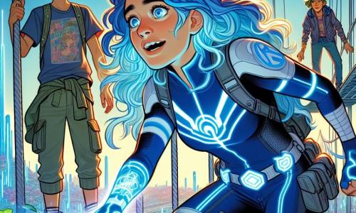 Nova Flux, a fifteen-year-old girl with electric blue hair, stands on the edge of a suspended bridge, her expression determined and her eyes sparkling with excitement. Her navy and silver superhero uniform glimmers in the morning light as she focuses her energy in her hands, ready to manipulate matter. Beside her, Kai, a sixteen-year-old boy with messy brown hair, leans forward, his eyes fixed on a holographic screen displaying data. He wears a graphic t-shirt and cargo pants, showing an intense concentration. Tessa, a fifteen-year-old girl with curly green hair, stands just behind them, surrounded by small luminous plants she is nurturing with an encouraging smile. The setting is the Skybridge, a futuristic bridge overlooking the city of Celestia, with sparkling towers and floating gardens in the background. The sky is a bright blue, dotted with fluffy white clouds. The main scene shows Nova and her friends in action, ready to confront an invisible threat looming over their city. The atmosphere is electrifying, filled with energy and camaraderie as they prepare to defend Celestia with courage and determination.
