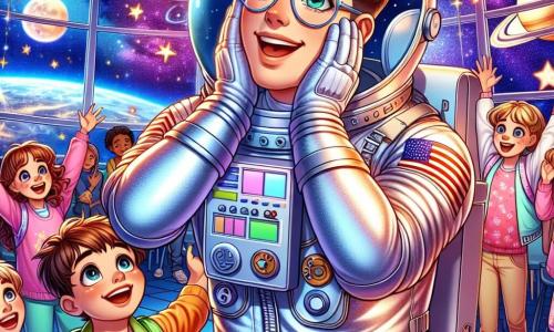 Een astronaut in een glanzend zilveren ruimtepak staat in het midden van de afbeelding met een brede, verwonderde glimlach en sprankelende ogen. Hij zweeft lichtjes in de lucht met zijn armen wijd open, alsof hij in gewichtloosheid is. Naast hem kijkt een 10-jarig jongetje met bruin haar en ronde bril vol bewondering, met zijn handen op zijn wangen, verwonderd door het uitzicht op de ruimte. Een groep van 9-jarige meisjes met gekleurd haar en kleurrijke kleding staat op de achtergrond, lachend en wijzend naar de fonkelende sterren. De setting is een klaslokaal dat is omgetoverd tot een ruimteschip, met muren versierd met planeten en sterren, en een groot scherm dat beelden van de aarde vanuit de ruimte toont. De hoofdscène toont de astronaut die zijn avonturen in de ruimte uitlegt, terwijl de kinderen aandachtig luisteren, geboeid door zijn fascinerende verhalen.